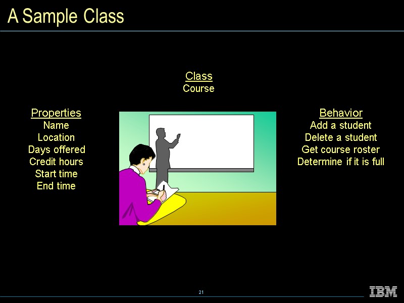 A Sample Class Class Course Properties Name Location Days offered Credit hours Start time